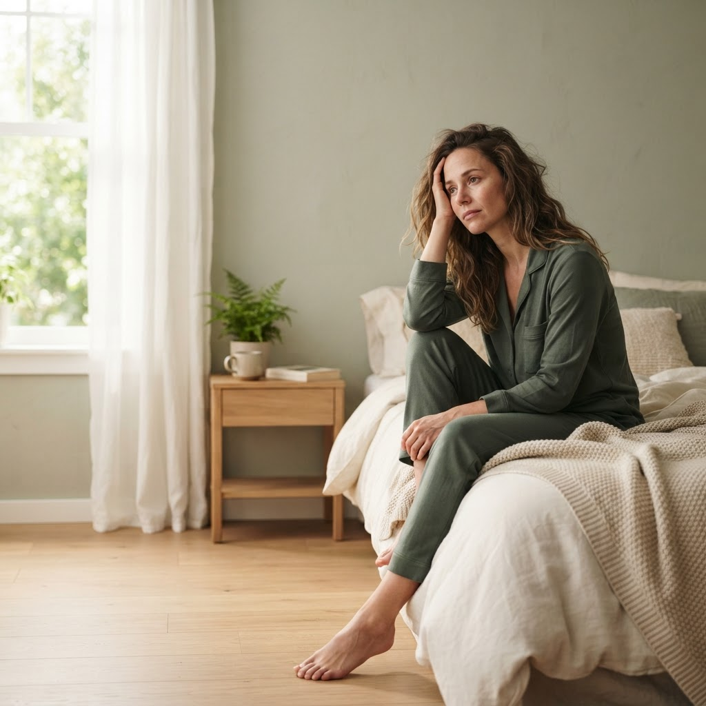 Mulher pensativa sentada na cama em luz natural, representando sono ruim e cansaço